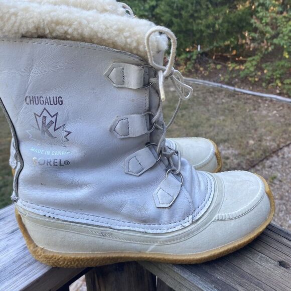 VTG Sorel Chugalug Leather Boots Size 8 Canada White Winter Wool Lined Women’s - Picture 6 of 10